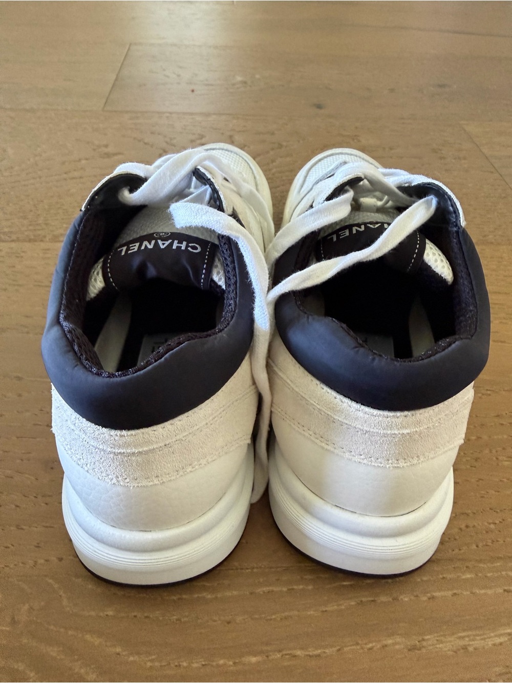 CHANEL White and Black CC Logo Mesh & Leather Sneakers - Picture 6 of 11